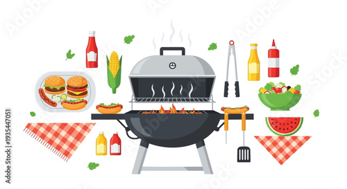 Vector illustration of barbecue grill with food and utensils