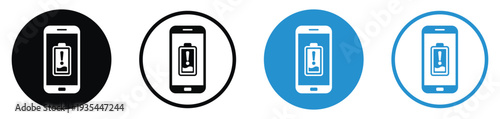 Mobile screen showing low battery level with an exclamation mark. Vector icon set for critical power status, charging reminders, and energy depletion notifications on devices.
