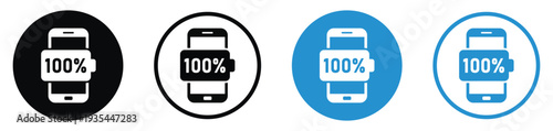 Mobile phone with 100% full battery charge indicator. Vector icon set representing completed charging, energy efficiency, and high power capacity for smartphone interfaces.