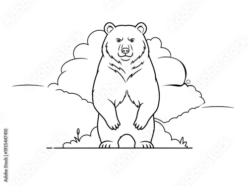 A black and white drawing of a polar bear standing on a snowy landscape