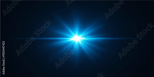 A bright blue abstract design features glowing light rays and digital motion lines flashing across a dark space backdrop with a star flare energy art illustration
