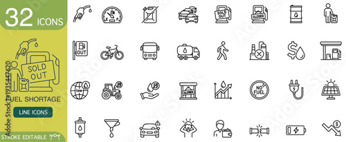 Fuel shortage icon set line outline gasoline pump station sold out collection showing empty tank, price rise, closed sign, delivery truck, electric plug, solar panel, economy symbol