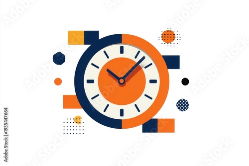 Orange and blue clock surrounded by geometric shapes