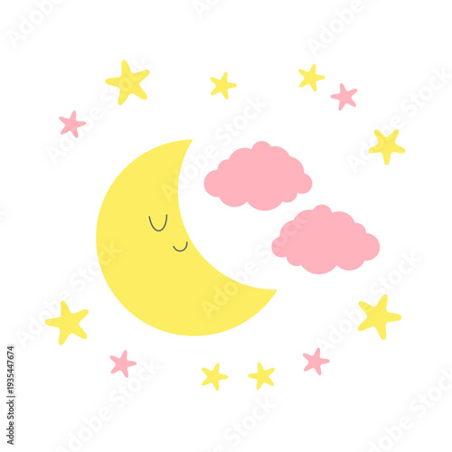 Nursery art set with cute pink clouds and smiling moon character. Minimalist nursery wall art