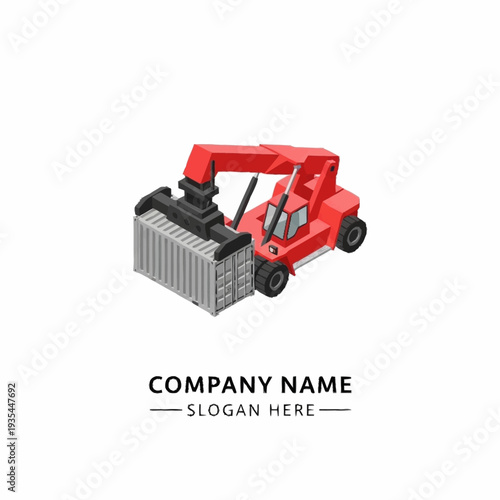Red Forklift Truck Lifting Metal Container.