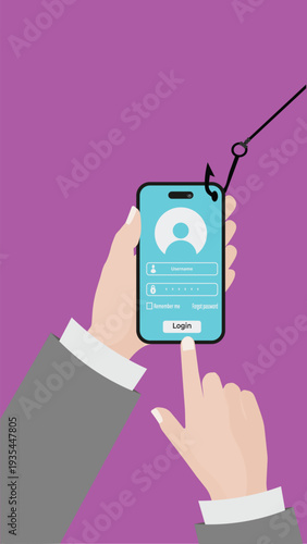 Phishing attack on smartphone login screen . Identity theft and cyber security concept