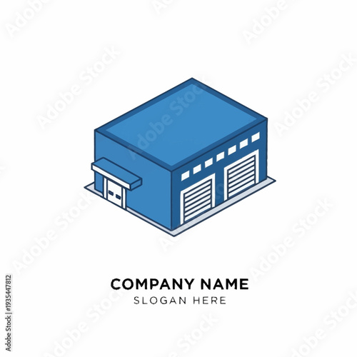 Blue Warehouse Building with Garage Doors.