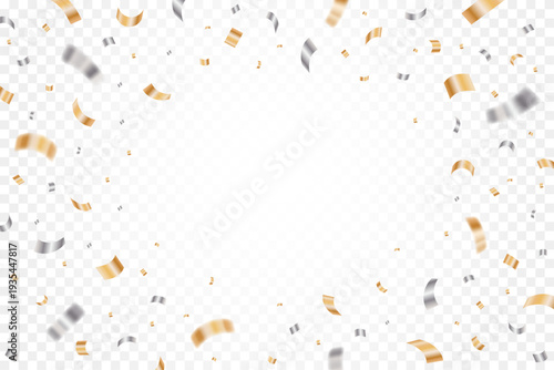 Gold and silver confetti isolated on a transparent background. Falling golden ribbon for carnival, New Year, birthday and festival design. Festive splash confetti backdrop. Vector illustration