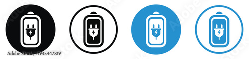 Battery charging icons featuring an electric plug with a lightning bolt. Four variations in black and blue circular frames representing power connection and active device charging status.
