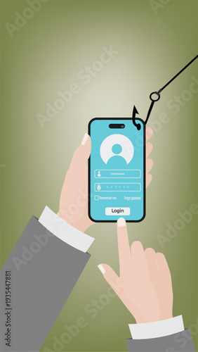 Phishing attack on smartphone login screen . Identity theft and cyber security concept
