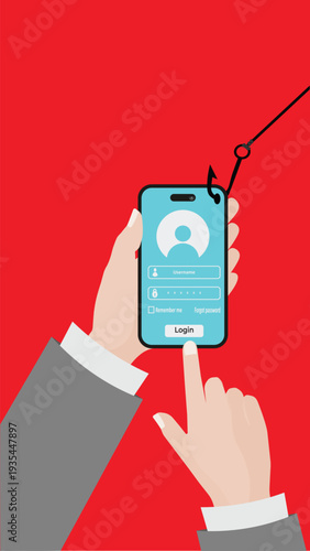 Phishing attack on smartphone login screen . Identity theft and cyber security concept