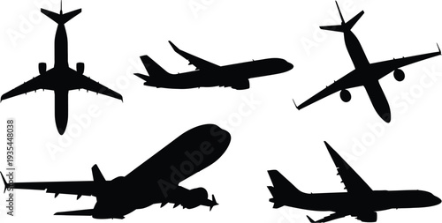 Collection of passenger airplane silhouettes, commercial jet airliners in various flight positions vector icons.