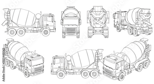 Concrete Mixer Truck AutoCAD Blueprint Vector – Multi View Construction Machinery Technical Drawing