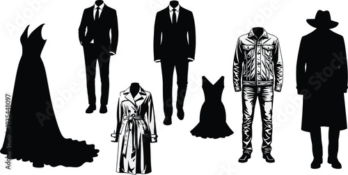 Collection of premium fashion silhouettes, black vector icons of luxury evening gowns, formal business suits, and trendy casual outerwear isolated on white.