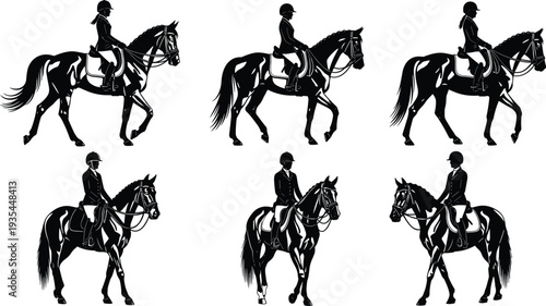 Black Silhouette Vector Set Of Equestrian Riders On Horses Performing Dressage Movements Isolated On White Background For Horse Sport Design