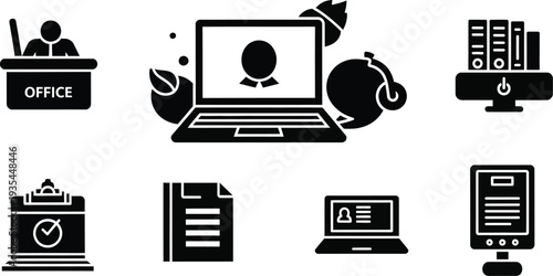 Collection of seven business and office management icons, black vector symbols for remote work, digital documentation, and online meetings.
