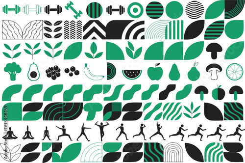 Vibrant collection of playful icons and abstract green shapes with human figures