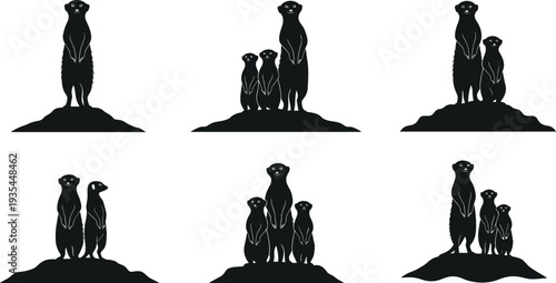 Black Silhouette Vector Set of Meerkat Family Standing on Hill Isolated on White Background for African Safari Wildlife Nature Design