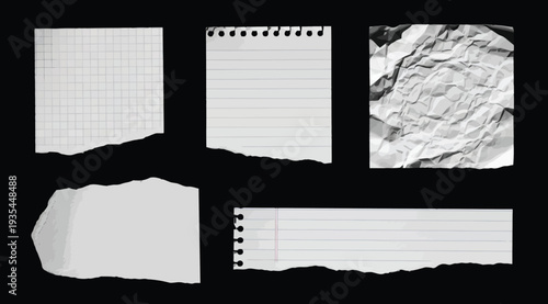 Collection of various torn paper textures and lined paper sheets on black background