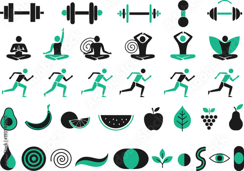 Illustrated icons representing various fitness activities and healthy lifestyle choices