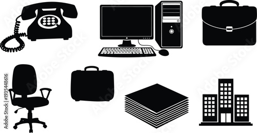 Collection of seven business and office silhouettes, black vector icons of computer, office chair, briefcase, and building isolated on white.