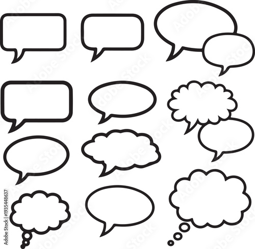 Collection of various speech bubble and thought bubble designs in black and white