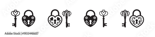 Romantic vintage heart padlocks and ornate keys set with floral decorative elements flat style vector illustration
