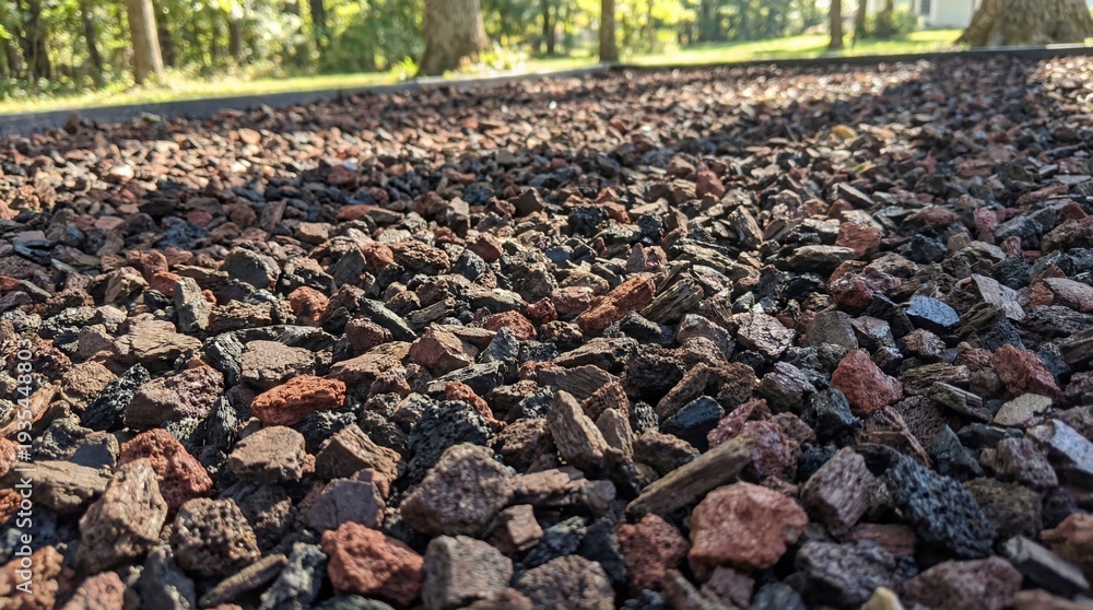 Fototapeta premium Gravel pathway surrounded by trees near a house during daylight