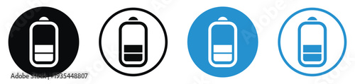 Set of battery charging icons with lightning bolt symbol. Four variations including solid and line styles in black and blue circular frames. Vector illustration for power and energy status.