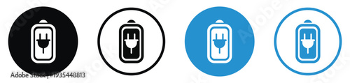 Battery charging icons featuring an electric plug with a lightning bolt. Four variations in black and blue circular frames representing power connection and active device charging status.