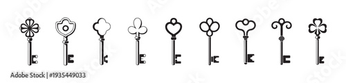 Assortment of ten unique vintage skeleton keys featuring elaborate decorative tops in black and white vector icons