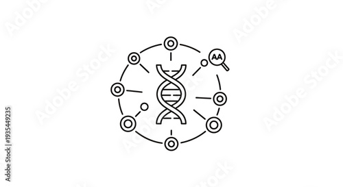 DNA helix icon surrounded by interconnected nodes, representing genetic research and health science