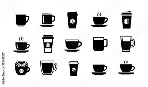 Coffee Tea Cup Silhouette Collection Black Cafe Drink Icons Isolated on White Background