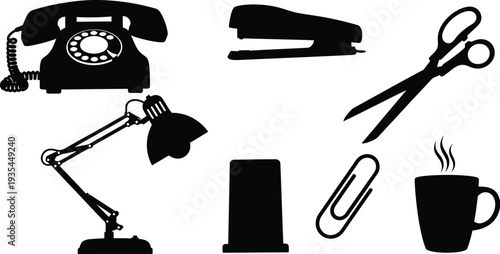 Collection of seven classic office stationery icons, black vector silhouettes of a rotary telephone, desk lamp, stapler, and scissors isolated on white.