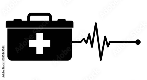 First Aid Kit Icon with Heartbeat ECG Line, Medical Health Symbol