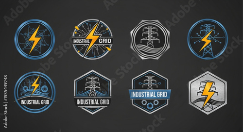 Set of electrical grid logos and emblems with lightning bolt.