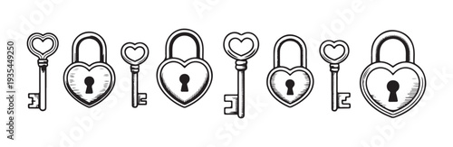 Hand drawn sketch style heart locks and keys vintage romantic concept icons