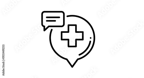 Healthcare Chat Icon: Medical Cross and Speech Bubble Line Art