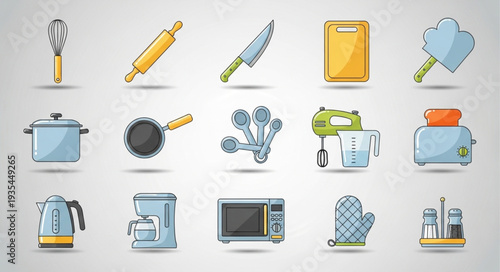 Collection of kitchen utensils and appliances illustration.