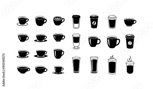 Coffee and Tea Cup Silhouette Bundle Black Beverage Icon Set Isolated on White Background