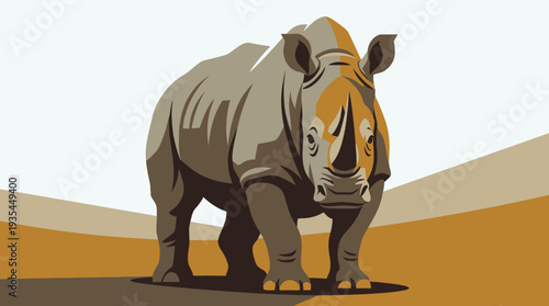 A rhinoceros standing in a landscape viewed from the side in a minimalist black and white and earth toned vector illustration