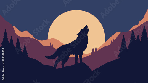 A lone wolf stands alert on a rocky outcrop, howling at the full moon in a minimalist landscape illustration.