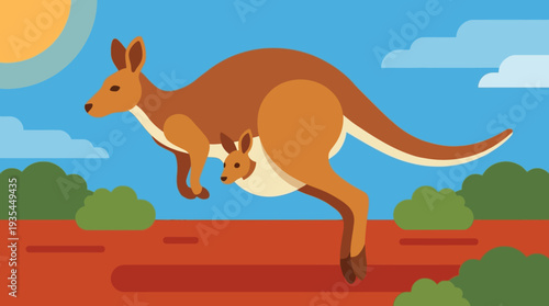 Kangaroo with joey in pouch jumping across Australian outback landscape in a serene illustration