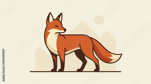 A red fox standing in a landscape with mountains in the background, side view, flat design illustration.