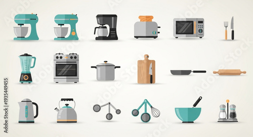 Collection of kitchen appliances and utensils in flat design style.