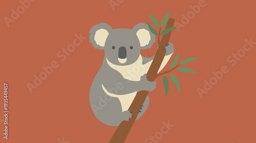 A koala climbing a tree branch with leaves in a flat design style.