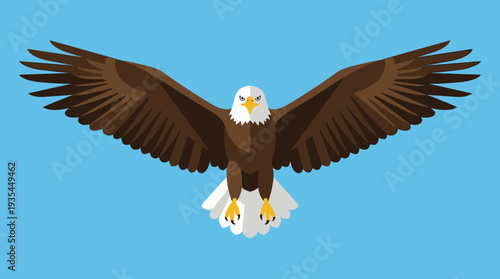 A bald eagle in flight, wings fully spread, against a clear blue sky, viewed from directly below, showcasing its majestic plumage and sharp talons.