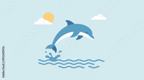 Dolphin leaping from ocean waves under sunny sky with clouds in modern illustration style