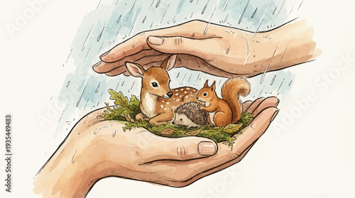 Hands cradling a forest scene with animals in a lush environment during a rainy day