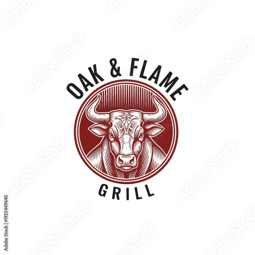 Bull Head Logo Design for Oak Flame Grill Restaurant in Rustic Style